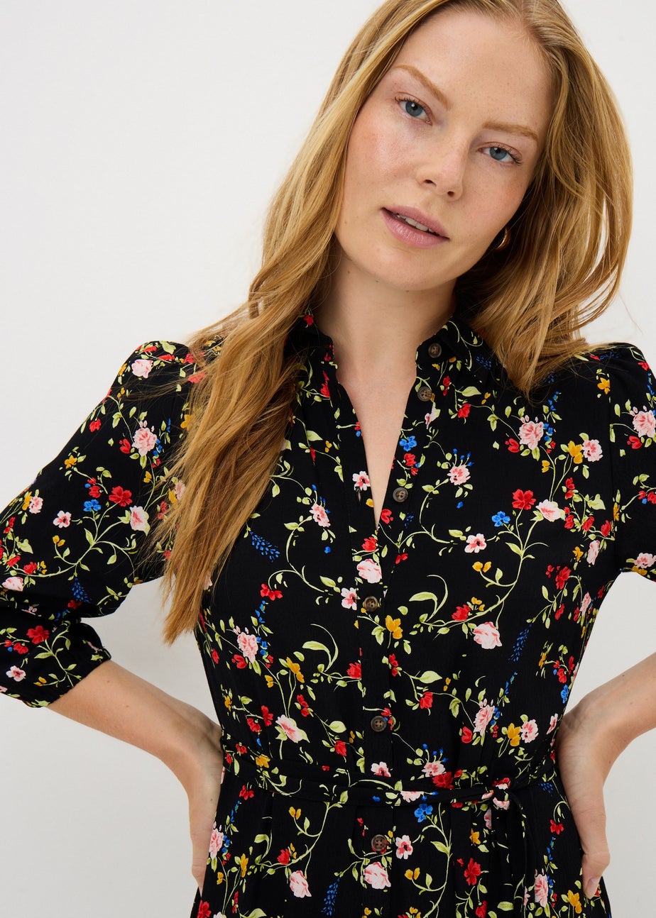 Black Ditsy Print Midi Shirt Dress