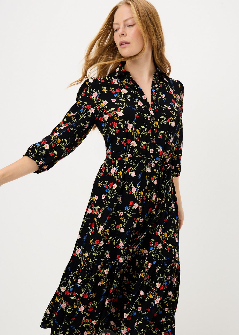 Black Ditsy Print Midi Shirt Dress