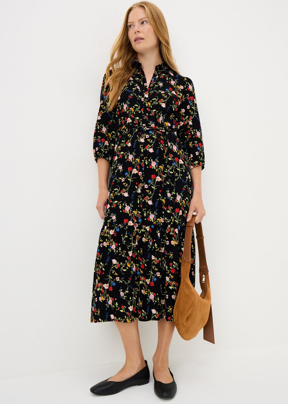 Black Ditsy Print Midi Shirt Dress