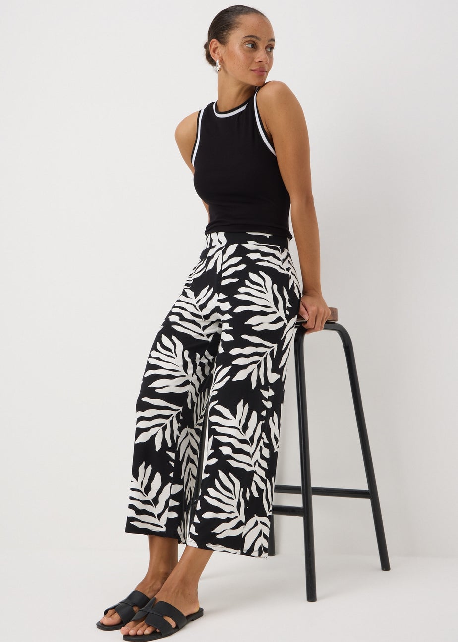 Black Mono Leaf Crop Wide Leg Trousers