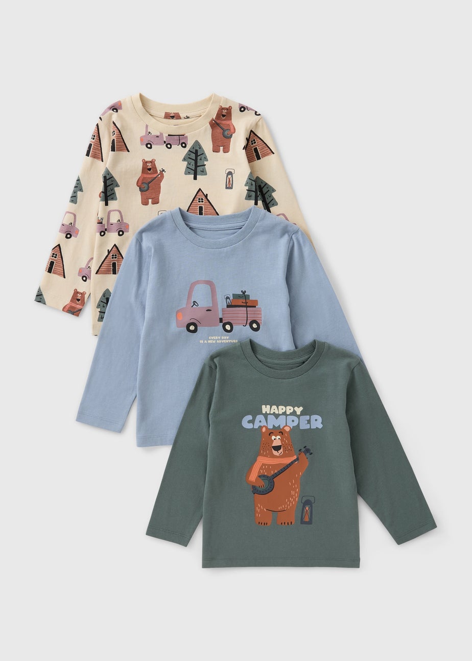 3 Pack Boys Multi Bear Print Long Sleeve T-Shirts (1-7yrs)