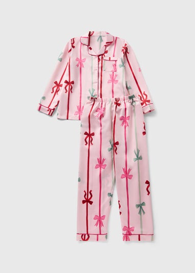 Girls Pink Bow Stripe Satin Pyjama Set (4-12yrs)