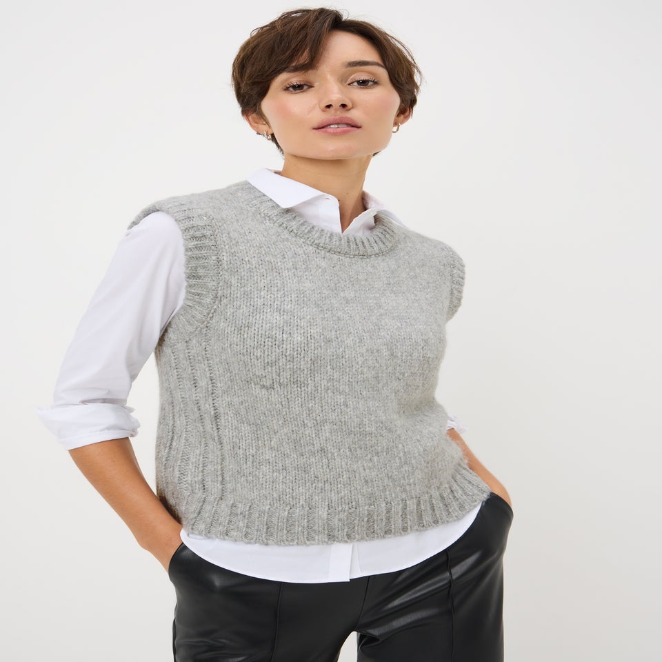 Grey Knitted Crew Neck Vest