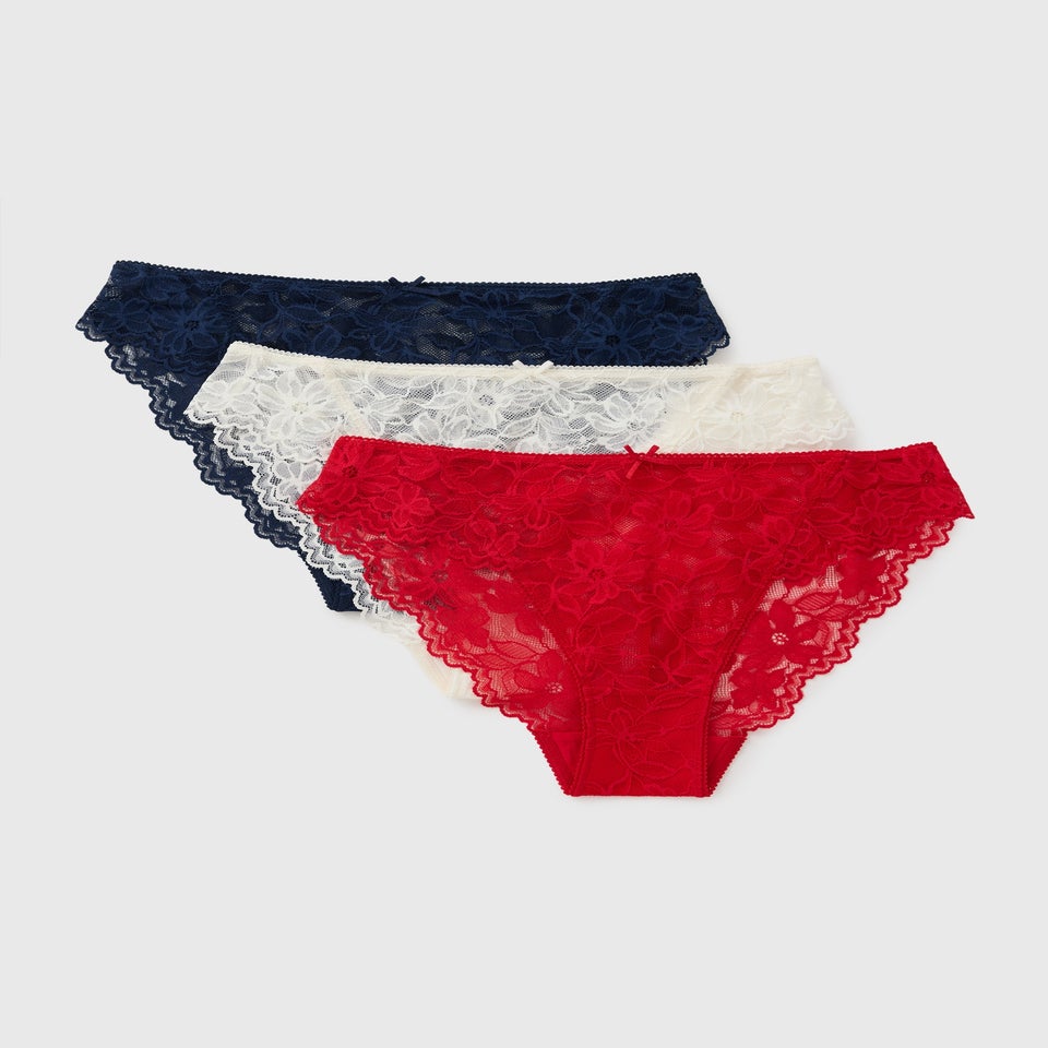 3 Pack Red & Navy Lace High Leg Knickers