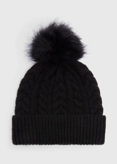 Black Cable Knit Pom Beanie