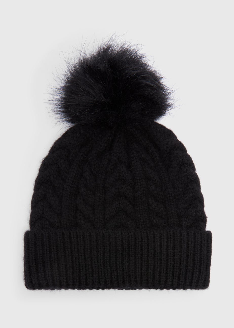 Black Cable Knit Pom Beanie
