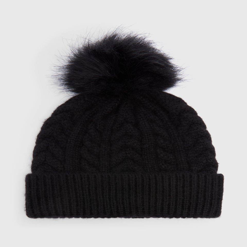 Black Cable Knit Pom Beanie