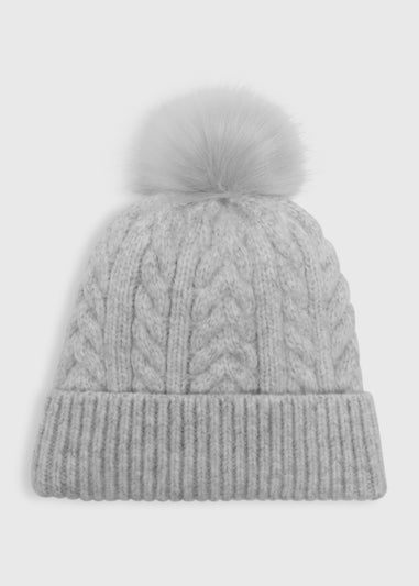 Grey Cable Knit Pom Beanie