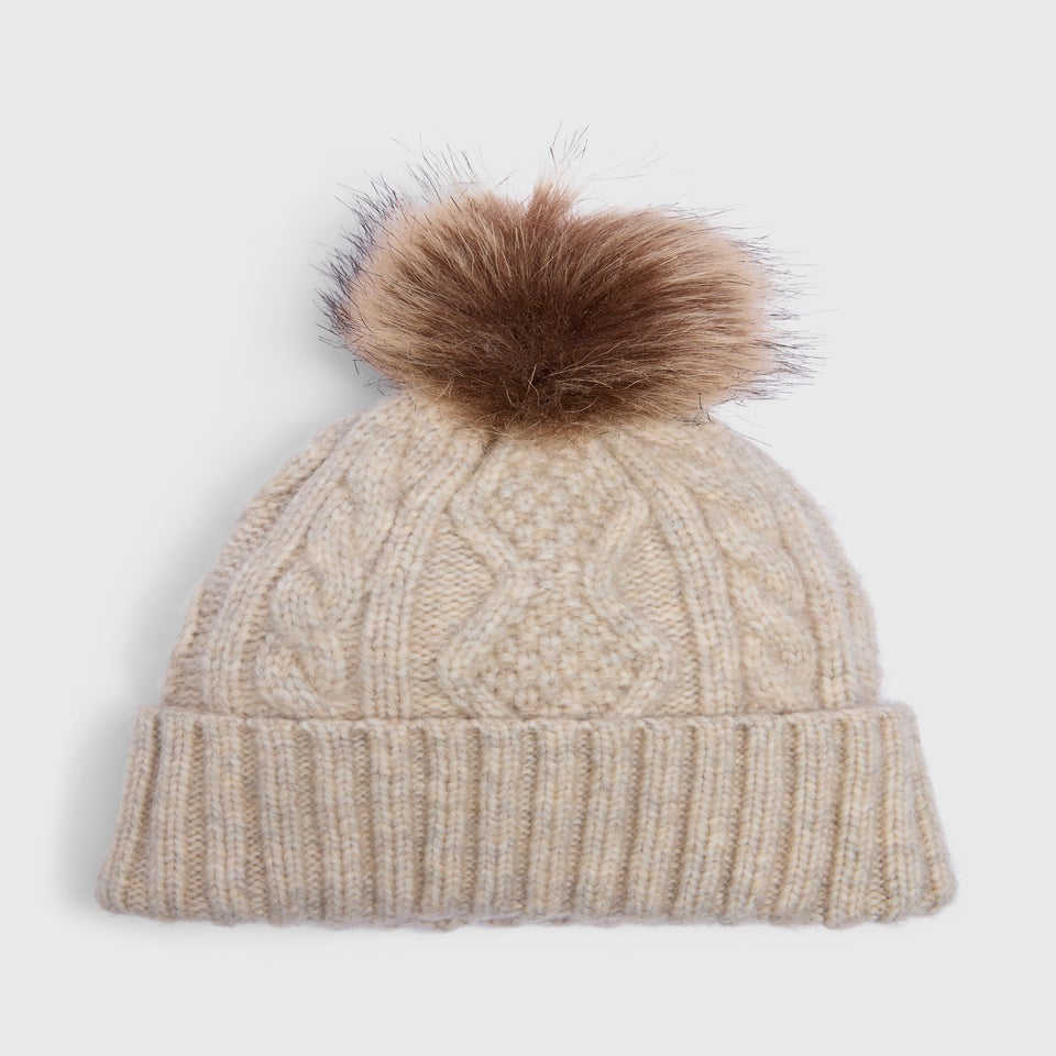Beige Cable Knit Pom Beanie