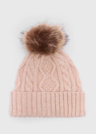 Pink Cable Knit Pom Pom Beanie Hat