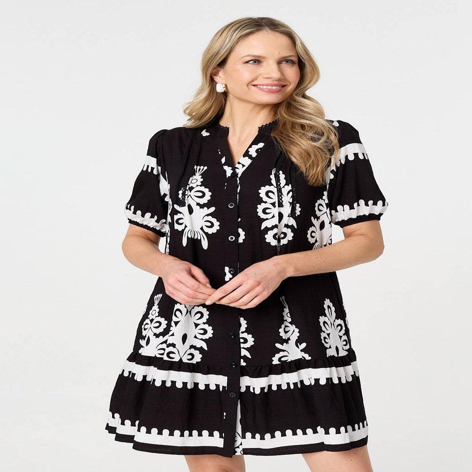 Izabel London Black Printed Lace Trim Relaxed Short Shirt Dress