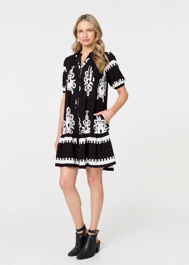 Izabel London Black Printed Lace Trim Relaxed Short Shirt Dress