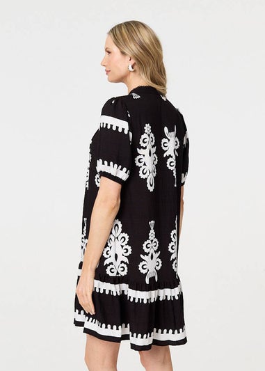 Izabel London Black Printed Lace Trim Relaxed Short Shirt Dress