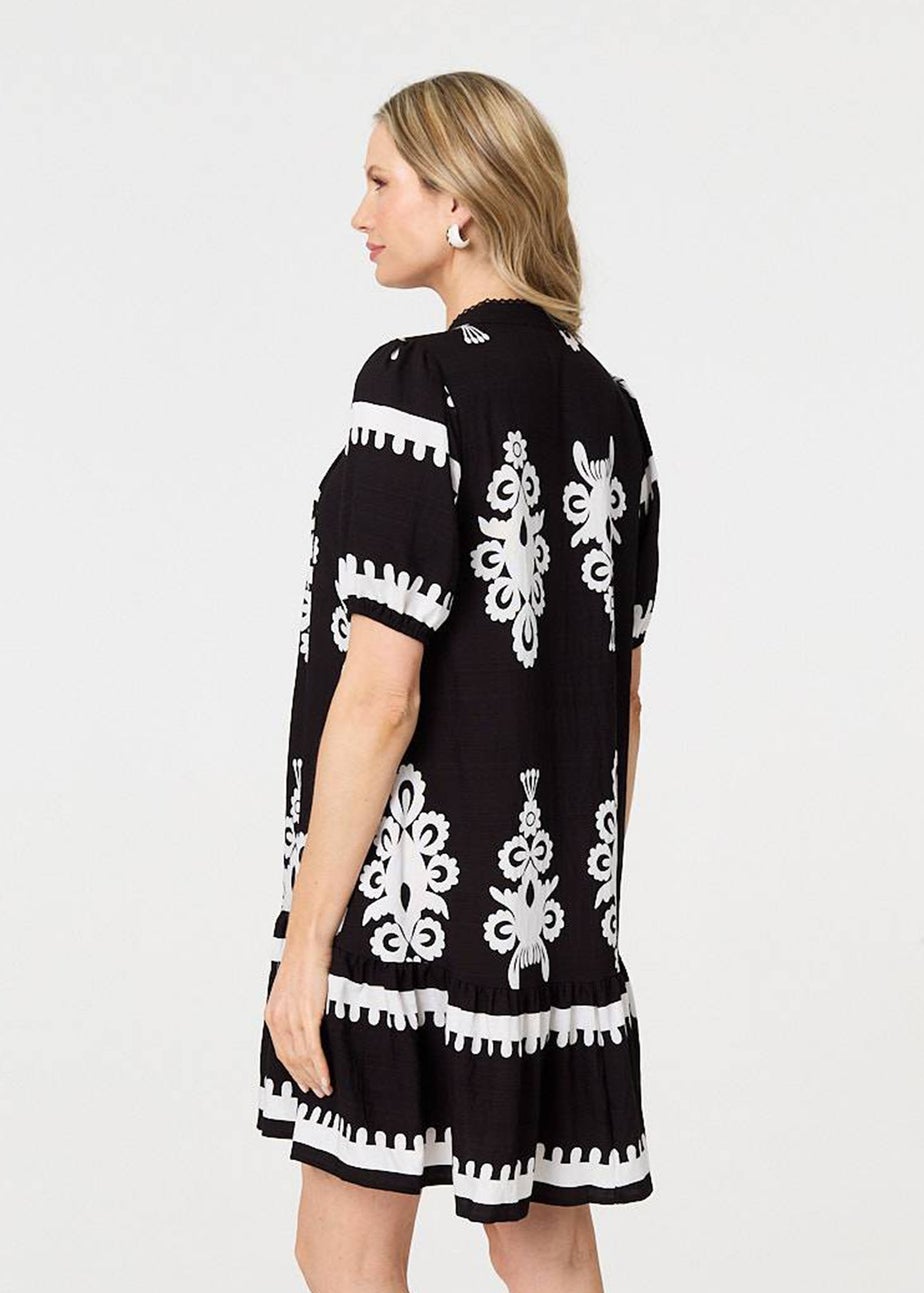 Izabel London Black Printed Lace Trim Relaxed Short Shirt Dress