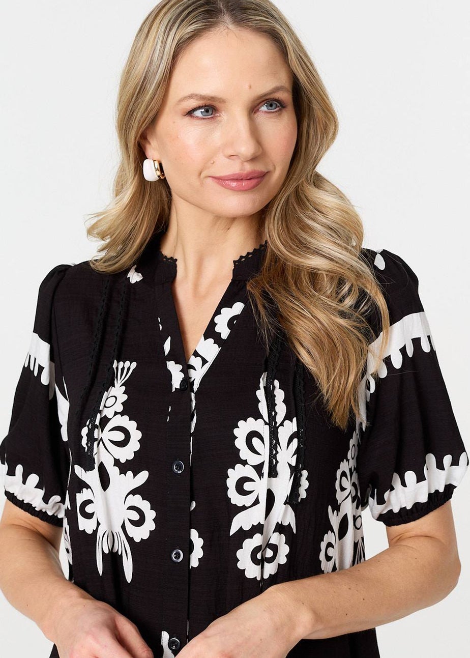 Izabel London Black Printed Lace Trim Relaxed Short Shirt Dress