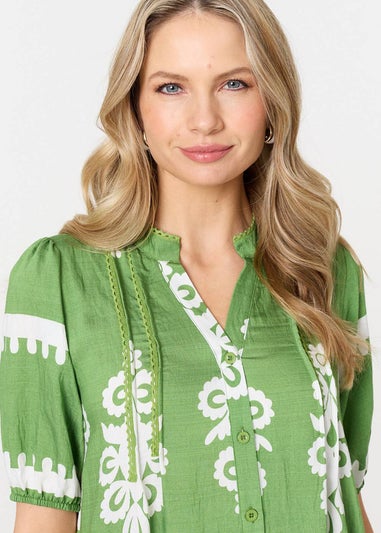 Izabel London Green Printed Lace Trim Relaxed Short Shirt Dress