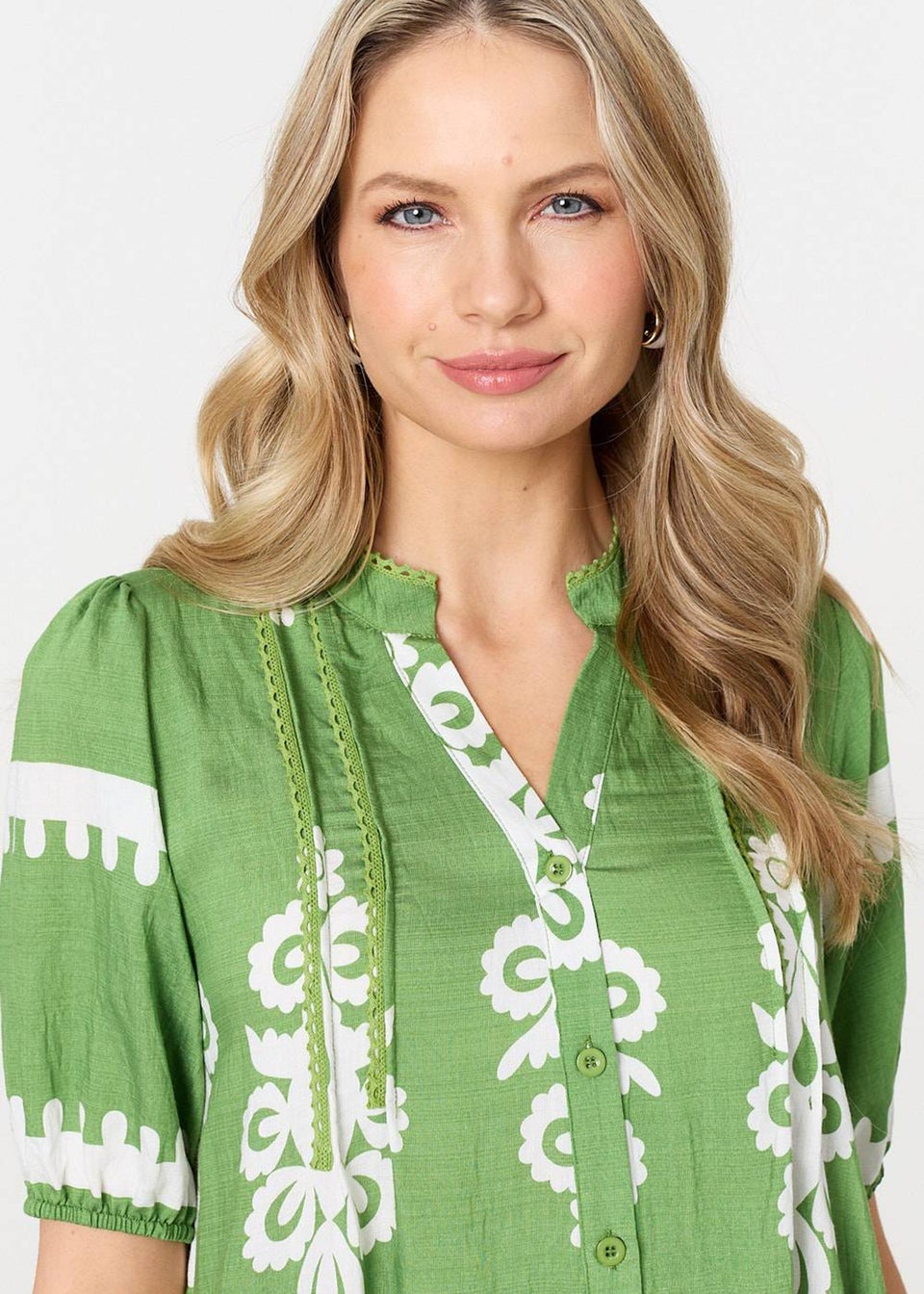 Izabel London Green Printed Lace Trim Relaxed Short Shirt Dress