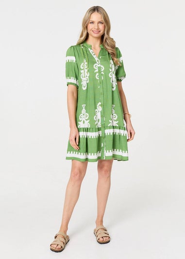 Izabel London Green Printed Lace Trim Relaxed Short Shirt Dress