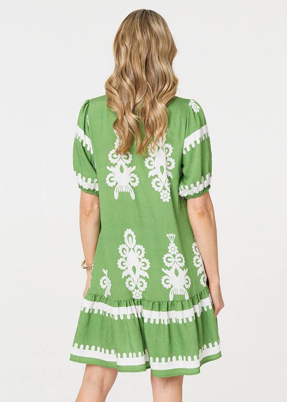 Izabel London Green Printed Lace Trim Relaxed Short Shirt Dress