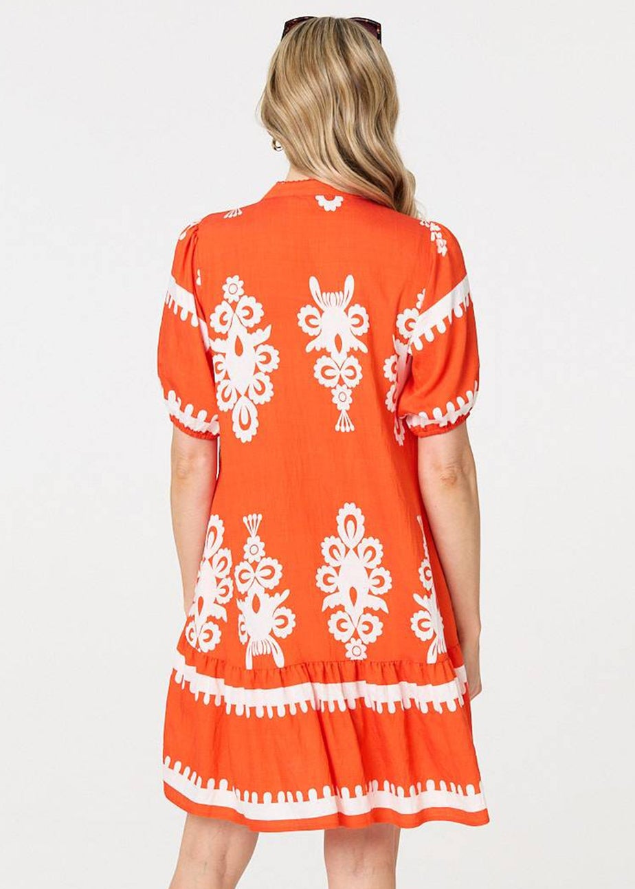 Izabel London Orange Printed Lace Trim Relaxed Short Shirt Dress
