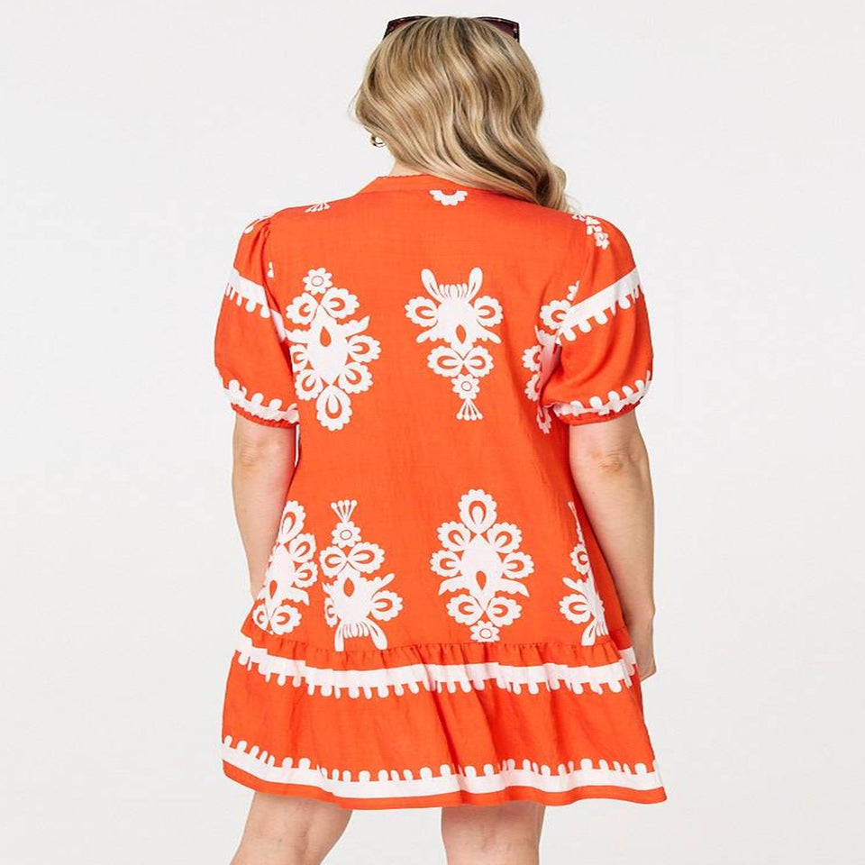 Izabel London Orange Printed Lace Trim Relaxed Short Shirt Dress