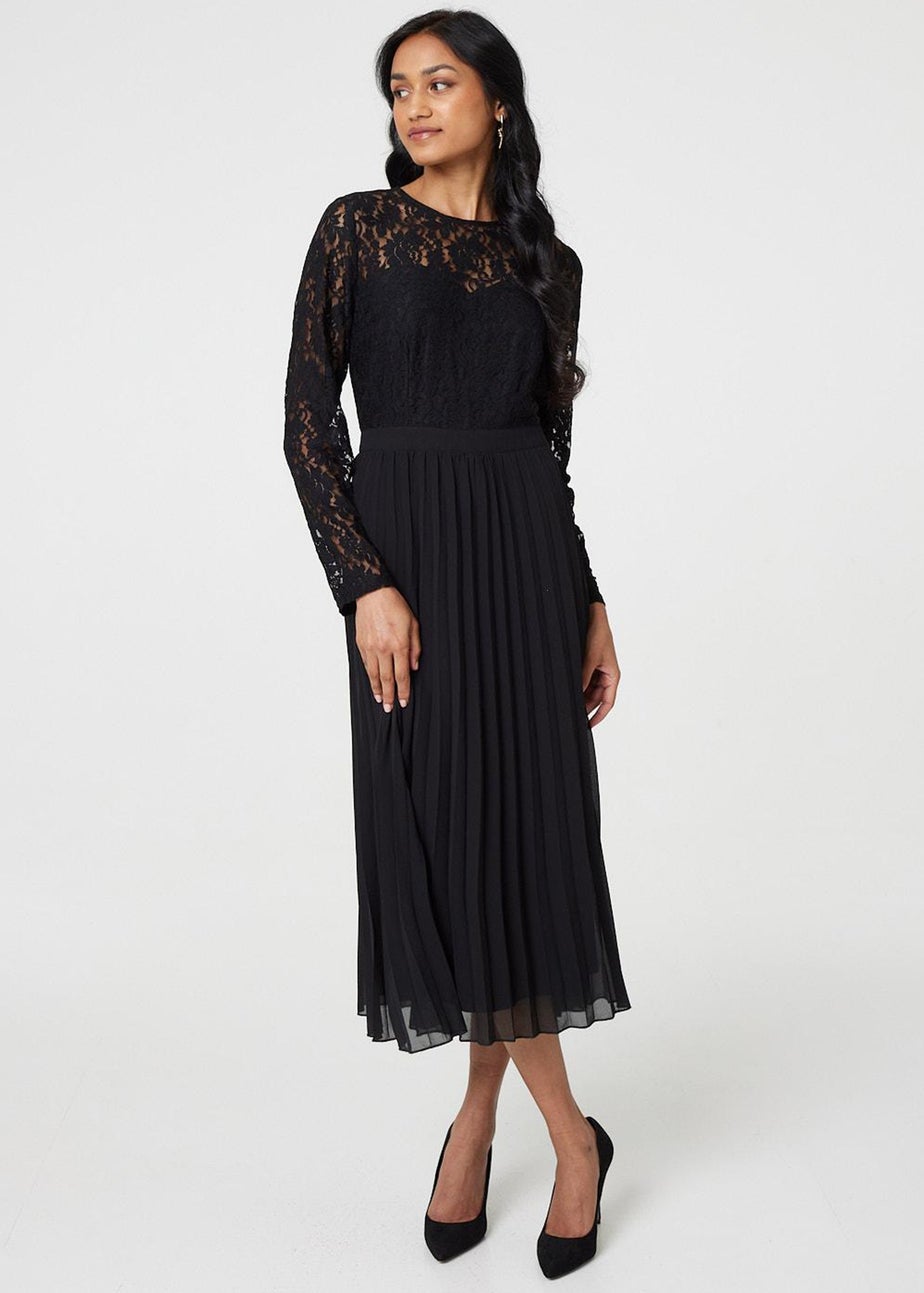 Izabel London Black Lace Trim Pleated Long Sleeve Midi Dress