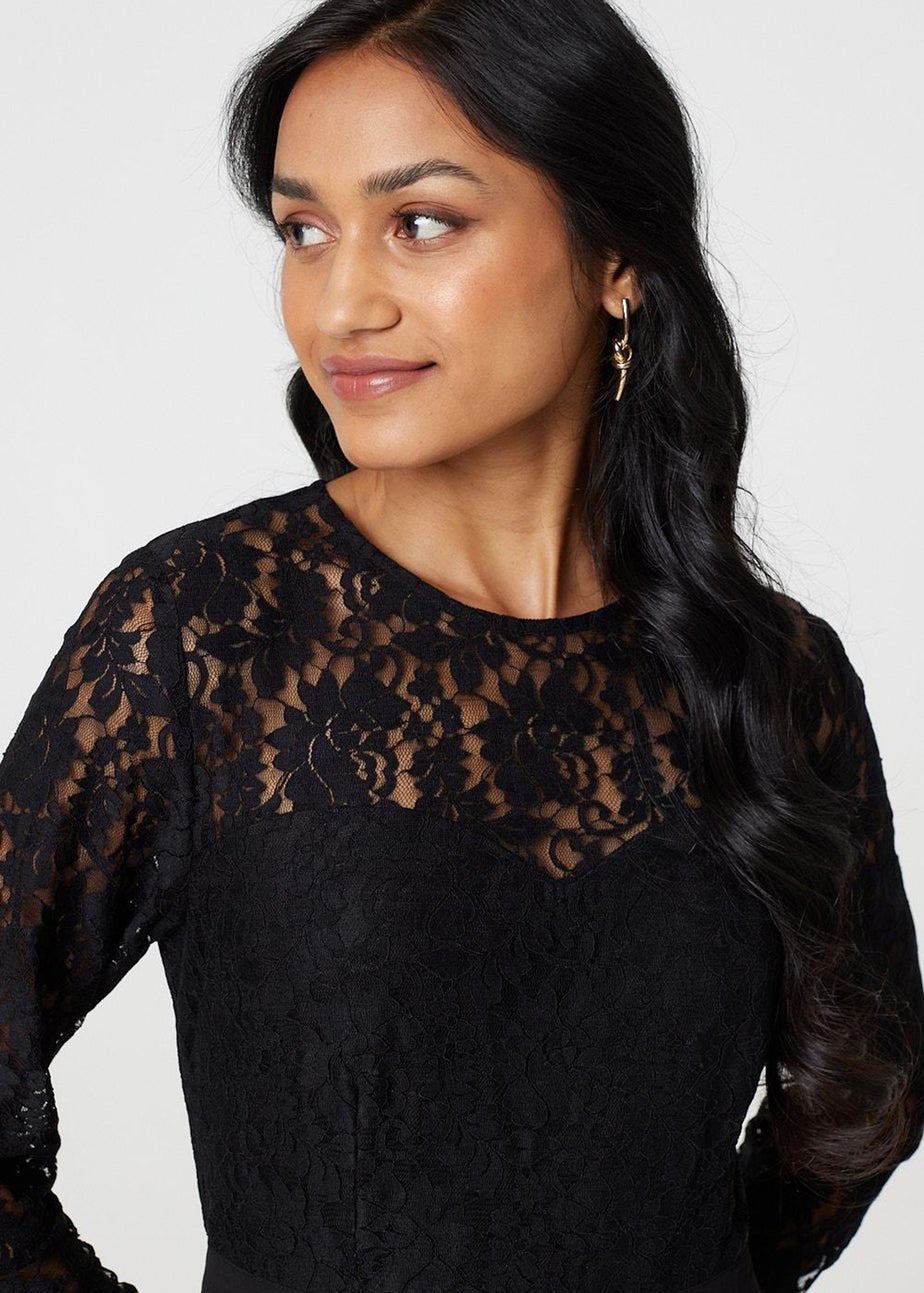 Izabel London Black Lace Trim Pleated Long Sleeve Midi Dress