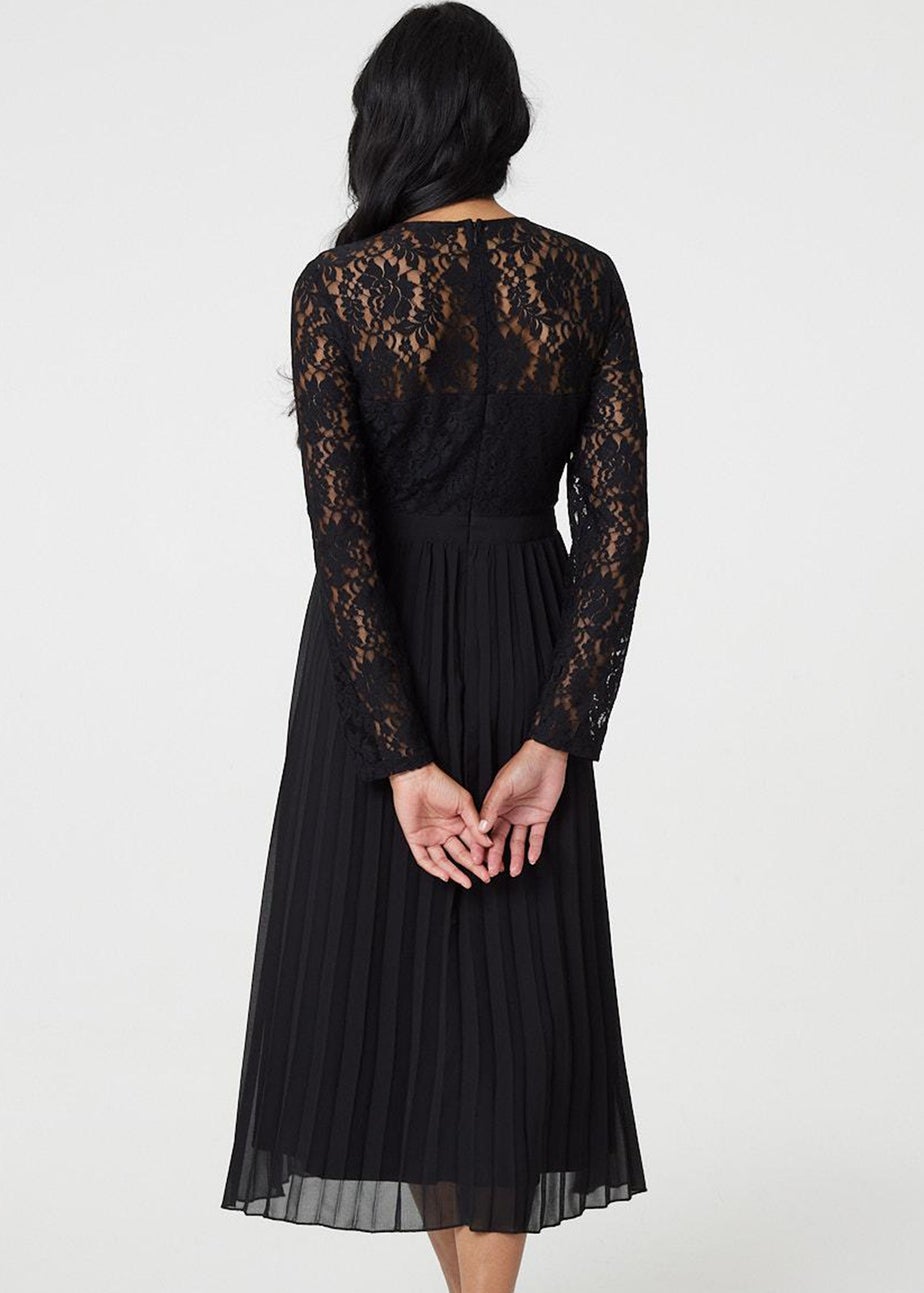 Izabel London Black Lace Trim Pleated Long Sleeve Midi Dress