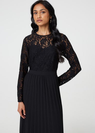 Izabel London Black Lace Trim Pleated Long Sleeve Midi Dress