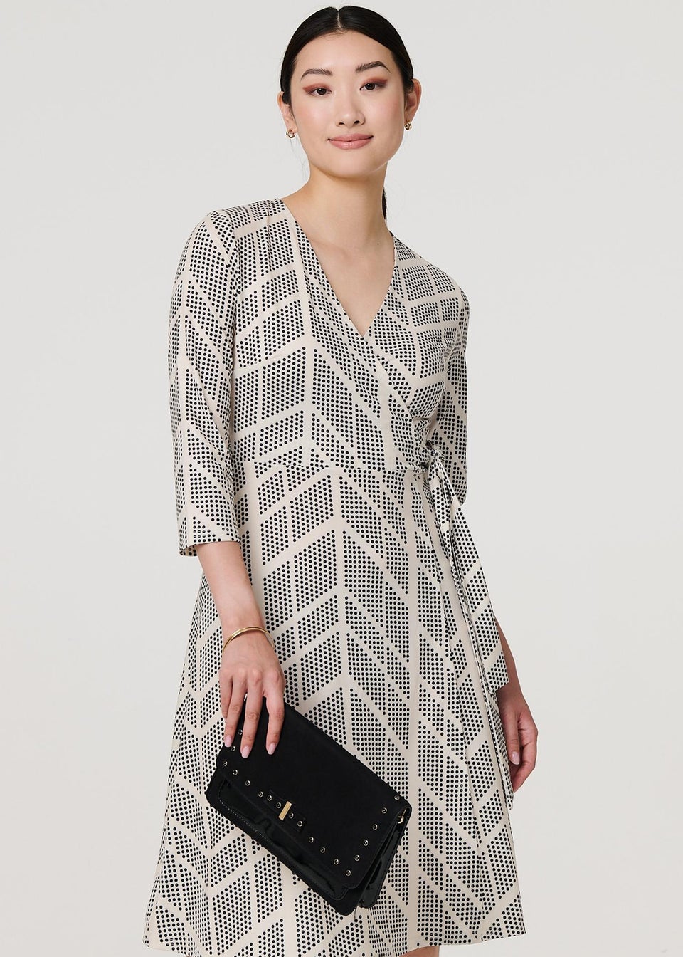 Izabel London Cream Printed Knee Length Wrap Dress