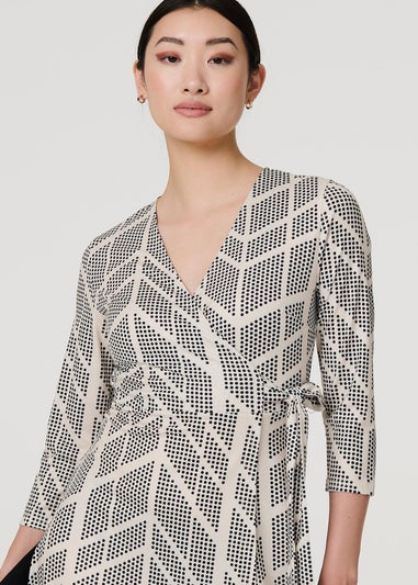 Izabel London Cream Printed Knee Length Wrap Dress