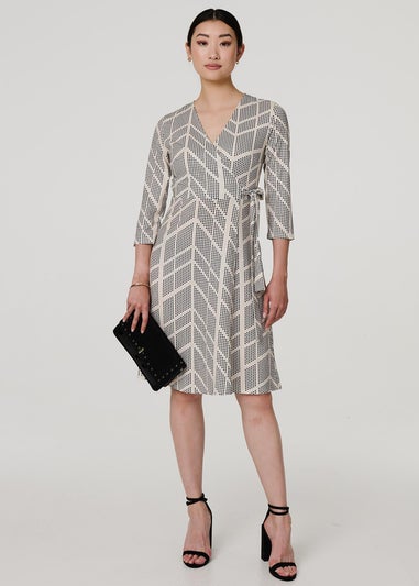Izabel London Cream Printed Knee Length Wrap Dress