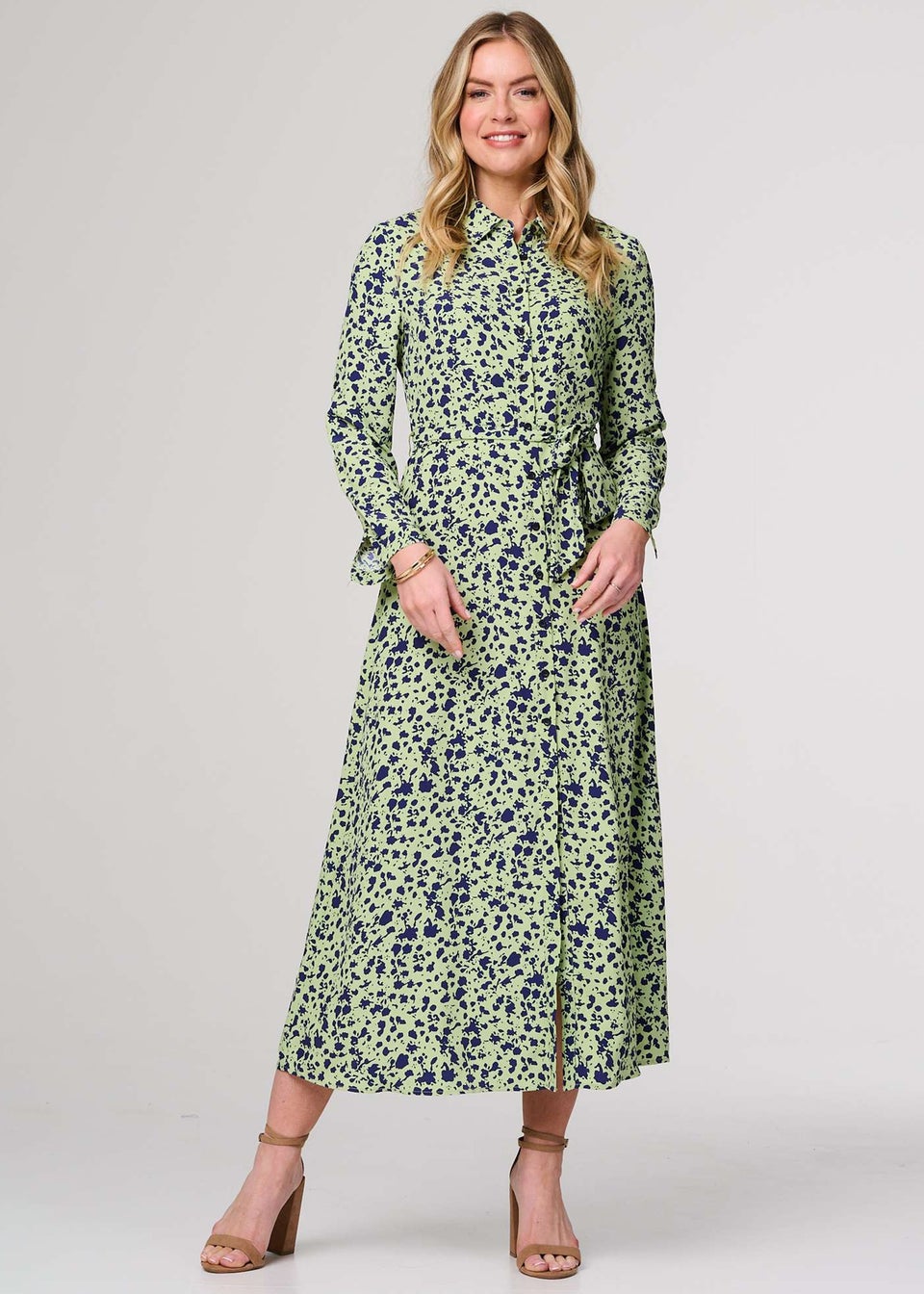 Izabel London Green Printed Long Sleeve Midi Shirt Dress