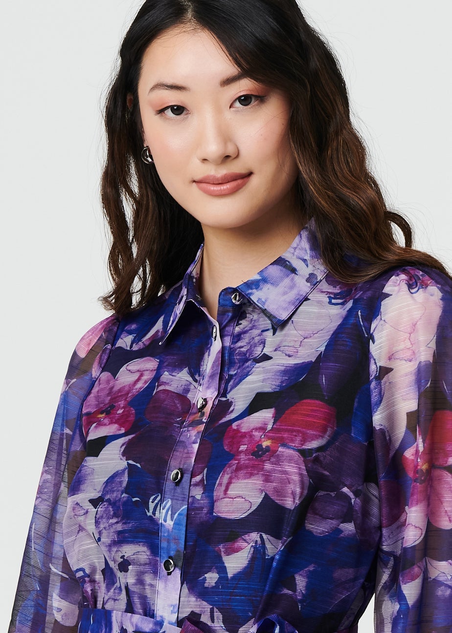 Izabel London Blue Floral Tie Waist Mini Shirt Dress