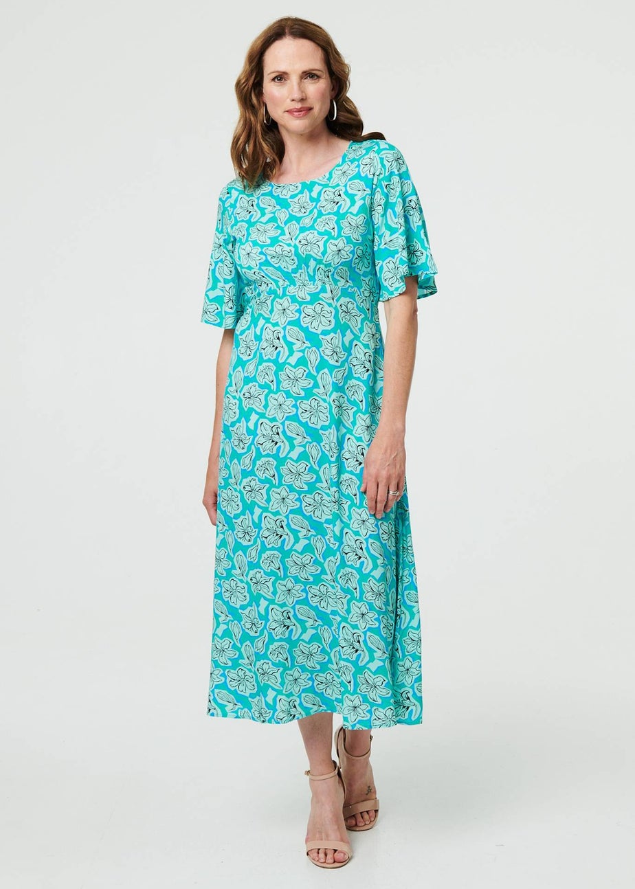 Izabel London Green Floral Flare Sleeve Midi Dress