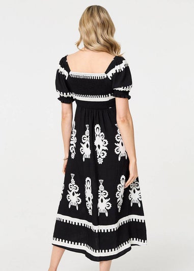 Izabel London Black Printed Puff Sleeve Tie Front Midi Dress