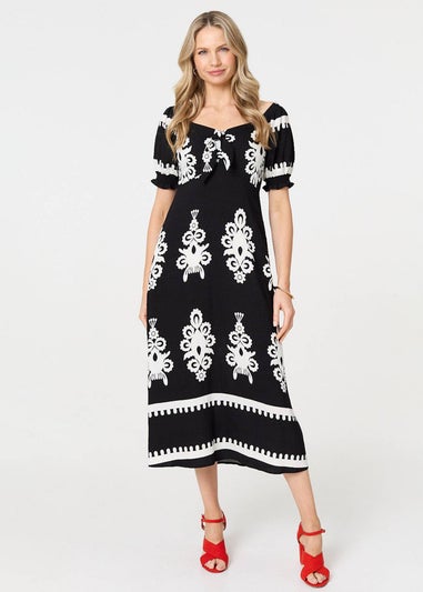 Izabel London Black Printed Puff Sleeve Tie Front Midi Dress