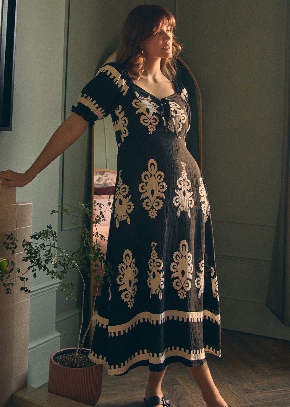 Izabel London Black Printed Puff Sleeve Tie Front Midi Dress