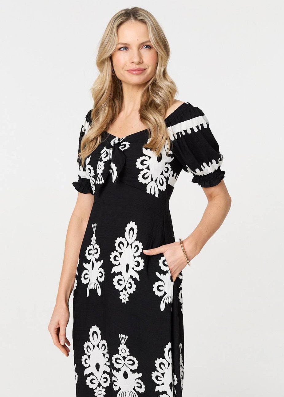 Izabel London Black Printed Puff Sleeve Tie Front Midi Dress