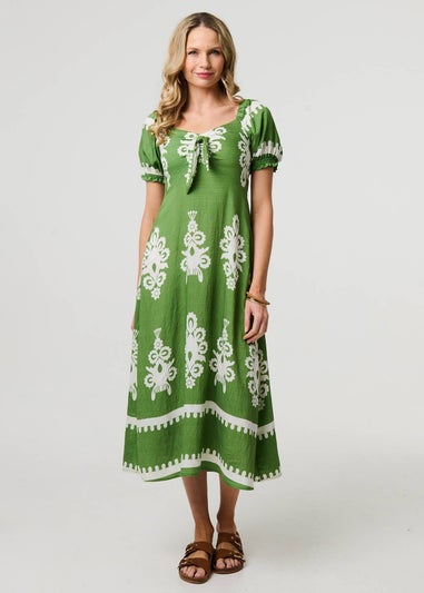 Izabel London Green Printed Puff Sleeve Tie Front Midi Dress