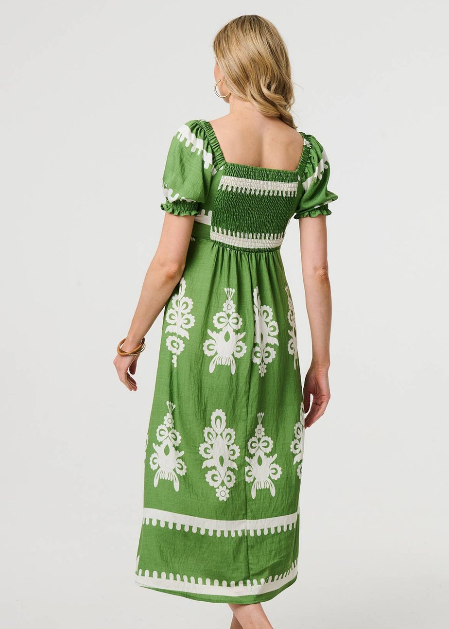 Izabel London Green Printed Puff Sleeve Tie Front Midi Dress