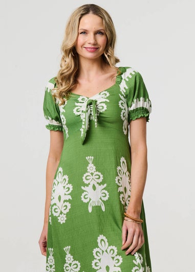Izabel London Green Printed Puff Sleeve Tie Front Midi Dress
