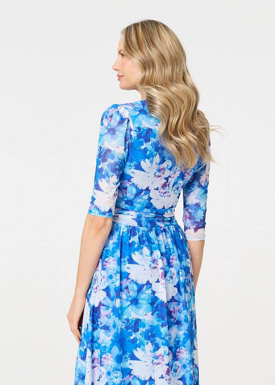 Izabel London Blue Floral Mesh Pleated Faux Wrap Midi Dress