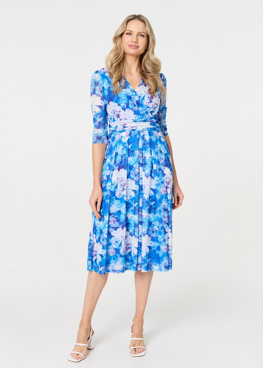 Izabel London Blue Floral Mesh Pleated Faux Wrap Midi Dress