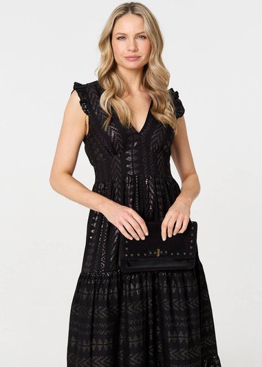 Izabel London Black Metallic Detail Frill Cap Sleeve Maxi Dress