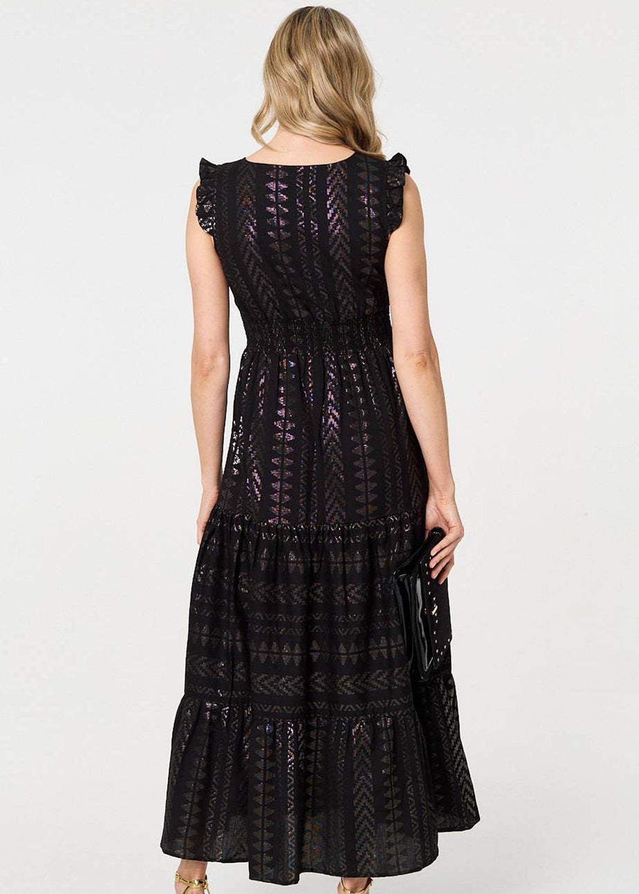 Izabel London Black Metallic Detail Frill Cap Sleeve Maxi Dress
