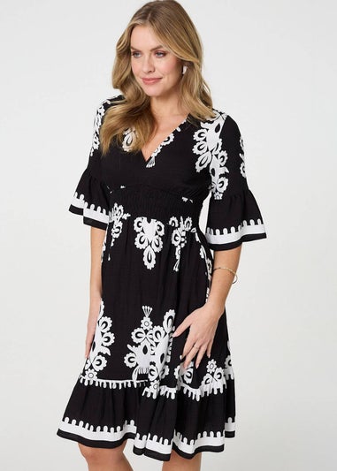 Izabel London Black Ikat Print Relaxed Short Dress
