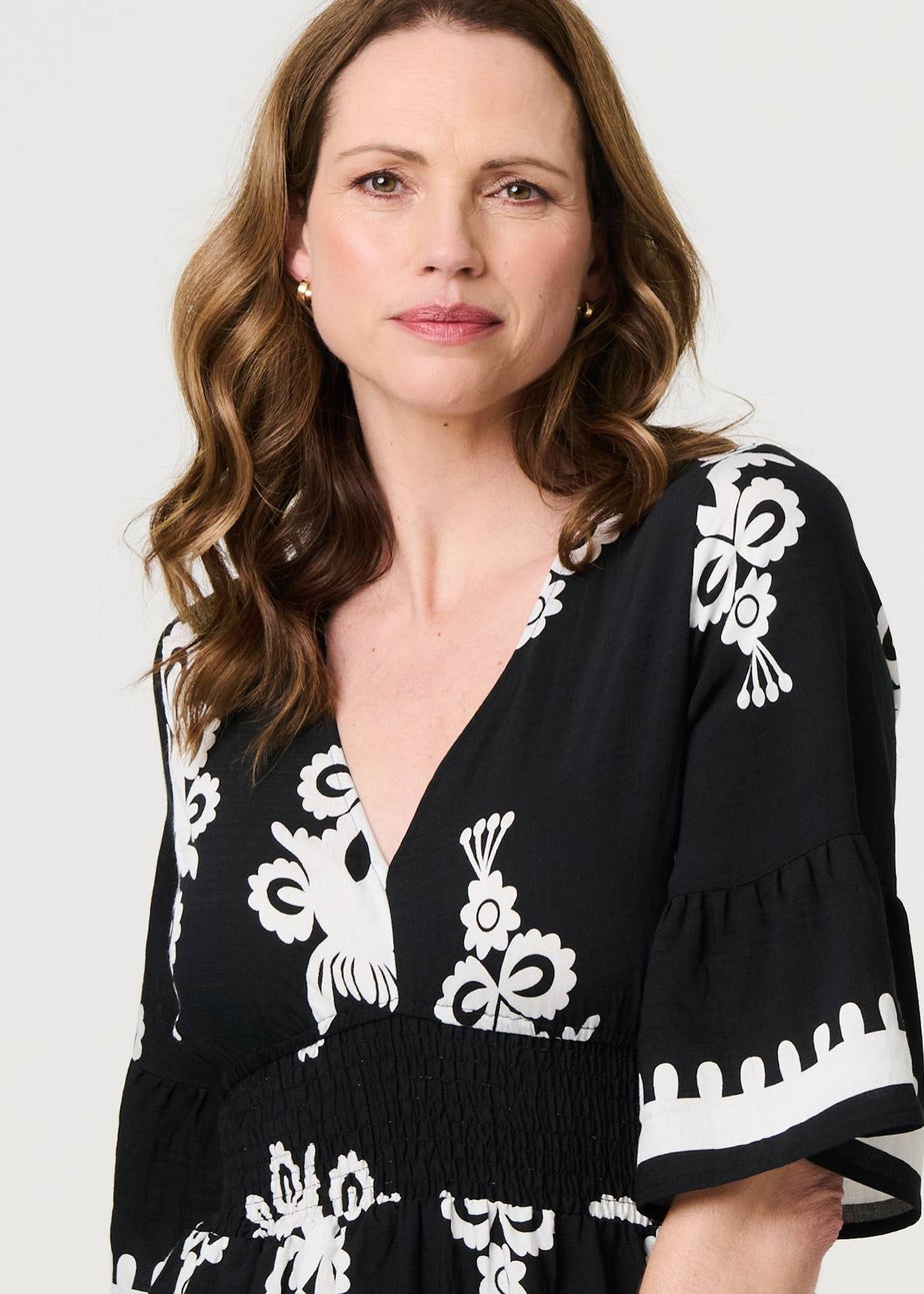 Izabel London Black Ikat Print 1/2 Sleeve Relaxed Short Dress