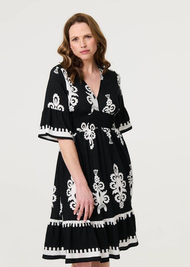 Izabel London Black Ikat Print 1/2 Sleeve Relaxed Short Dress