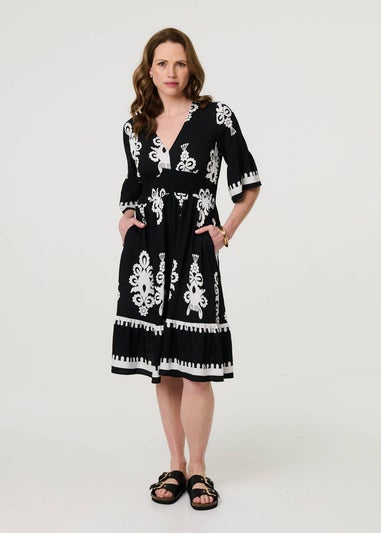 Izabel London Black Ikat Print 1/2 Sleeve Relaxed Short Dress